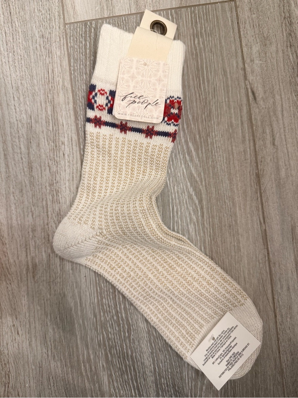 Free People Cream Knit Crew Socks with Red & Blue Accent